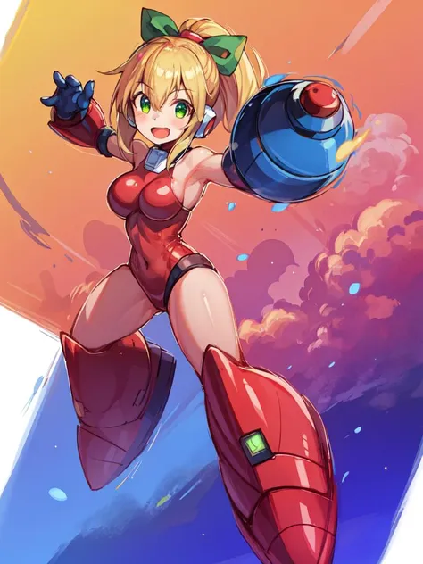 <lora:Megaman1:0.7>,anime,masterpiece, best quality,8k,cg,good anatomy,(1girl:1.7),((solo)),(red outfit:1.3),(face of roll \(mega man\):1.2),  cute,lovely,megaman,large breasts,blonde hair,ponytail,long hair,sidelocks,hair ribbon,green ribbon,green eyes,android,arm cannon,bodysuit,open mouth,smile,full body,beautiful,armor,thick foot,dramatic,