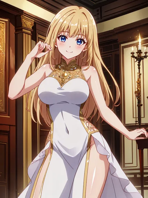 1girl,(intricate gorgeous dress:1.5),(shiny glossy skin:1.5),smile,(dynamic action,contrapposto:1.5),cowboy shot,
BREAK
(ultra detail indoors opulent mansion:1.2),looking at viewer, 
BREAK
(incredibly absurdres,ultra fine quality:1.5),(anime screencap:1.2),(cel shading:1.1)