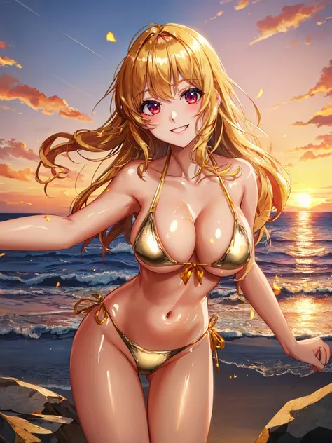 1girl,(gold bikini:1.5),(shiny glossy skin:1.5),smile,(dynamic action,contrapposto:1.5),cowboy shot,
BREAK
(ultra detail outdoors scenery beach ,sunset :1.2),looking at viewer,
BREAK
(incredibly absurdres,ultra fine quality:1.5),(hdr,raytracing:1.4),(blurry:1.2),