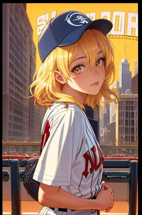 masterpiese, best quality, high res, potrait of a beautiful woman, , realistic, , beautiful face, cute face, cinematic light, light blonde hair, perfect anatomy, , (frame the head), Centered image, stylized, ,8k Resolution,human hands, wonder full, , dynamic, highly detailed, character sheet, concept art, smooth, facing directly at the viewer positioned so that their body is symmetrical and balanced, detailed hairstyle,ï¼MolalisaArt,,random color eyes,cover, hyperdetailed painting, luminism, octane render, Bar lighting, complex, 8k,pixiv illustlations, detailed background, baseball studium,
(chicago cabs fan fashion:1.3),
cinematic liting,
(spectating a baseball game:1.5), right hands in hip pockets:1.25, light hair, cowboyshot, big hip,blond hair,put on cap,