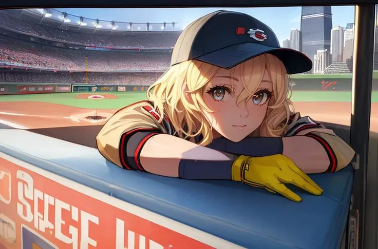 masterpiese, best quality, high res, potrait of a beautiful woman, , realistic, , beautiful face, cute face, cinematic light, light blonde hair, perfect anatomy, , (frame the head), Centered image, stylized, ,8k Resolution,human hands, wonder full, , dynamic, highly detailed, character sheet, concept art, smooth, facing directly at the viewer positioned so that their body is symmetrical and balanced, detailed hairstyle,ï¼MolalisaArt,,random color eyes,cover, hyperdetailed painting, luminism, octane render, Bar lighting, complex, 8k,pixiv illustlations, detailed background, baseball studium,
(chicago cabs fan fashion:1.3),
cinematic liting,
(spectating a baseball game:1.5), right hands in hip pockets:1.25, light hair, cowboyshot, big hip,blond hair,put on cap,