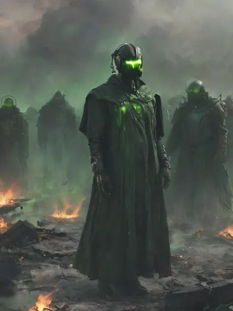 depiction of a gathering of standing (nvidia graphic-cards:1.2) mechanical cyborgs in green and black robe and computer surrounding and mourning their fallen graphic-card friend  on a smoldering smoldering battlefield, sad mass, atmospheric, crying, chip, plastic, fan, epic, cinematic, depressing, atmospheric, perfect composition, deep shadows, last salute, farewell,   <lora:- SDXL - n-eeyblch_eye_bleach_V1.0:0.5> n-eeyblch <lora:- SDXL - letitbrn_let_it_burn_V1.0:0.5> letitbrn <lora:- SDXL - ptrn-no1_style_V1.0:0.4> ptrn-no1