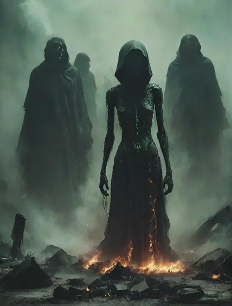 depiction of a gathering of standing (nvidia graphic-cards:1.2) mechanical cyborgs in green and black robe and computer surrounding and mourning their fallen burning graphic-card friend on a smoldering battlefield, sad mass, atmospheric, crying, chip, plastic, fan, epic, cinematic, depressing, atmospheric, perfect composition, deep shadows, last salute, farewell, <lora:- SDXL - n-eeyblch_eye_bleach_V1.0:0.5> n-eeyblch <lora:- SDXL - letitbrn_let_it_burn_V1.0:0.5> letitbrn <lora:- SDXL - ptrn-no1_style_V1.0:0.4> ptrn-no1 <lora:SDXL - Style - Dark_Futuristic_Circuit_Boards:0.2> circuitboard, dark futuristic <lora:SDXL_feelings_Sa_May:1> <lora:Harrlogos_v1.1:0.8> text logo