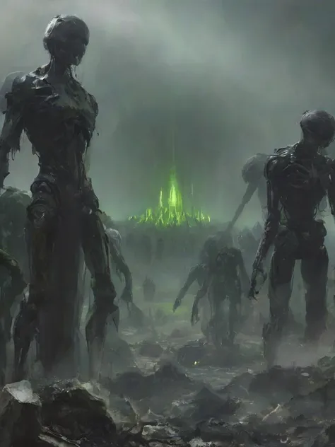 depiction of a gathering of standing (nvidia graphic-cards:1.2) mechanical cyborgs in green and black robe and computer surrounding and mourning their fallen graphic-card friend on a smoldering smoldering battlefield, sad mass, atmospheric, crying, chip, plastic, fan, epic, cinematic, depressing, atmospheric, perfect composition, deep shadows, last salute, farewell, <lora:- SDXL - n-eeyblch_eye_bleach_V1.0:0.5> n-eeyblch <lora:- SDXL - letitbrn_let_it_burn_V1.0:0.5> letitbrn <lora:- SDXL - ptrn-no1_style_V1.0:0.4> ptrn-no1