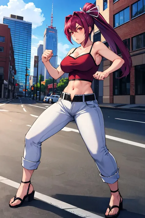 masterpiece, best quality, unielYuzuriha, hair ribbon, ponytail, purple camisole, midriff, belt, white pants, large breasts, sandals, fighting stance, clenched fists, furrowed brow, serious, looking at viewer, city, city street <lora:yuzuriha-nvwls-v2-000012:0.9>