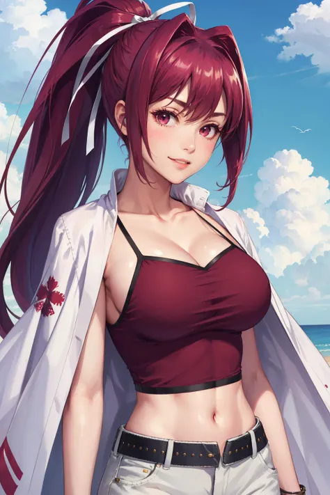 masterpiece, best quality, unielYuzuriha, hair ribbon, ponytail, purple camisole, white jacket, jacket on shoulders, midriff, belt, white pants, large breasts, upper body, looking at viewer, smile, furrowed brow, clouds, sky <lora:yuzuriha-nvwls-v2-000012:0.9>