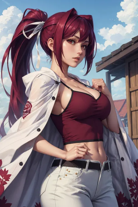 masterpiece, best quality, unielYuzuriha, hair ribbon, ponytail, purple camisole, white jacket, jacket on shoulders, midriff, belt, white pants, large breasts, cowboy shot, from side, looking at viewer, furrowed brow, sky, clouds <lora:yuzuriha-nvwls-v2-000012:0.9>