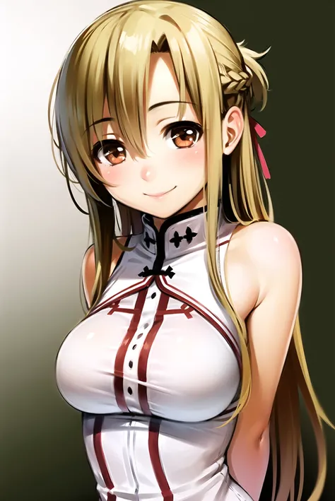 homunculus \(alchemynote\), asuna \(sao\),
1girl, arms behind back, bare shoulders, blush, brown eyes, brown hair, long hair, looking at viewer, sleeveless, smile, solo, upper body
, ((masterpiece))
, <lora:homunculus:0.65>