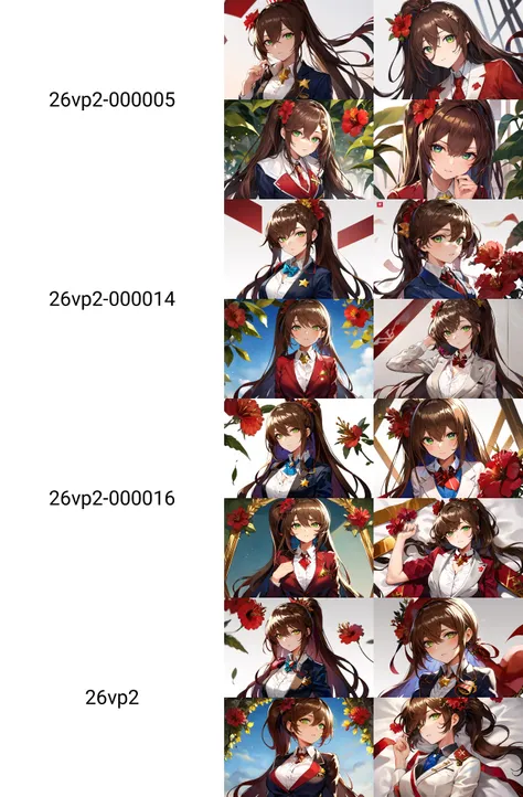 <lora:26vp2-000005:0.8>, <lora:GoodHands-beta2:0.8>, (canking), masterpiece, best quality, (1girl), solo, green eyes, brown hair, long hair, ponytail, hair between eyes, sidelocks, (one red hibiscus as hair ornament, one red hibiscus on the right side of the head), (mark of red crescent, yellow star, blue diamond respectively below right eye's lower eyelid), top hat, blazer, collar, long tie, close-up, upper body,