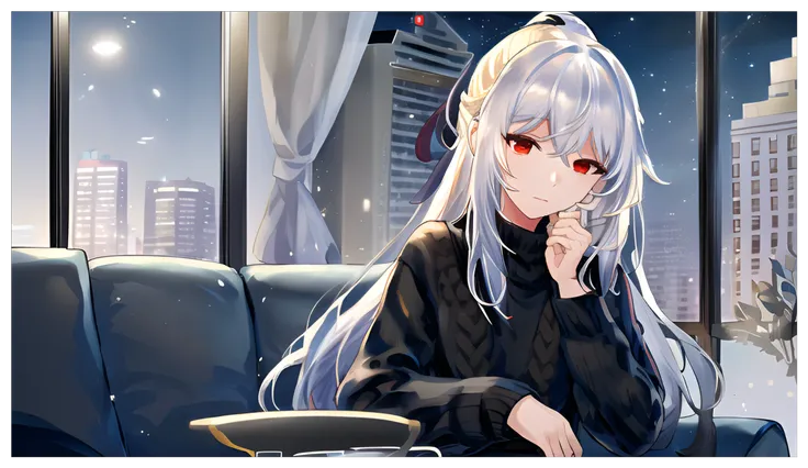 COMFYUI PROMPT TRANSLATED
<lora:26vp1-2-000016:0.8>, <lora:JingliuV4-09:0.7> (canking), best quality, masterpiece, cowboy shot, upper body, 1girl, JingliuV4, white hair, ponytail, red eyes, ((black sweater)) sitting, sofa, table, room, lighting from windows, (night), skyscrapers,