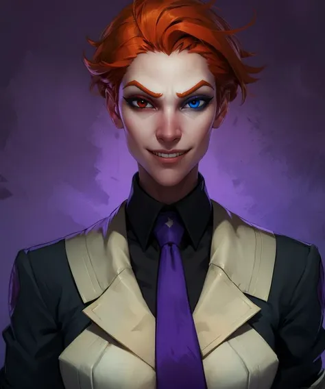 moria:tilda,heterochromia,short hair,orange hair,red eye,blue eye,evil smile, black shirt,purple tie, standing, lab, (insanely detailed, masterpiece, best quality),solo,<lora:moria:0.6>,