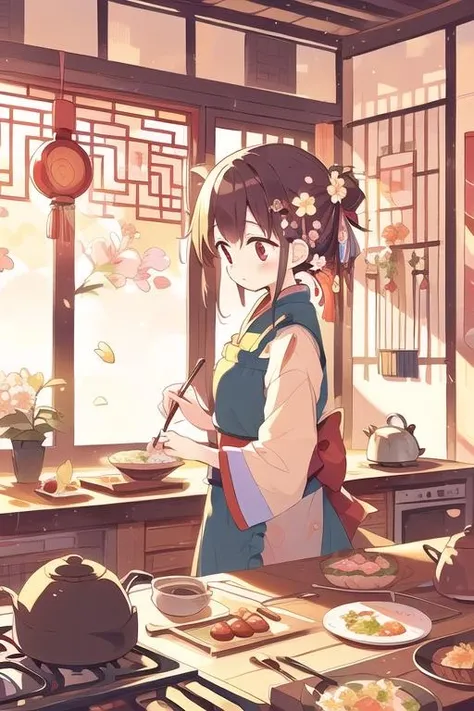 illustration,<lora:gufeng:0.8>, illustration,flower,kitchen,food,