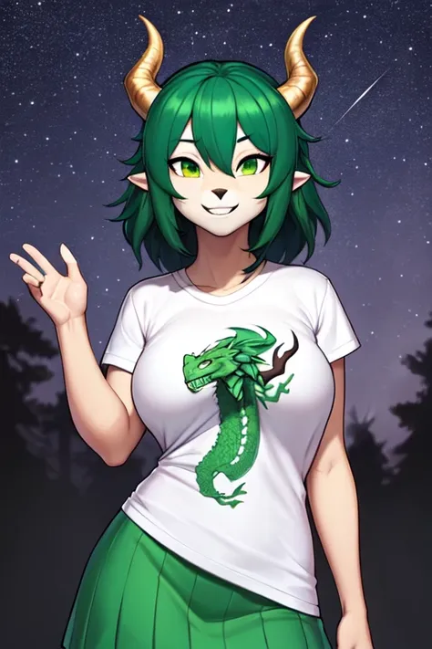 (anthro), masterpiece, solo, (scales, detailed scales texture), (dragon), female, horns, green_hair, green_skirt, white_t_shirt, night stars, smile, looking_at_viewer, detailed shadows