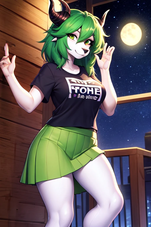 (anthro), masterpiece, (dragon), female, horns, green_hair, green_skirt, white_t_shirt, night stars, smile, looking_at_viewer, detailed shadows