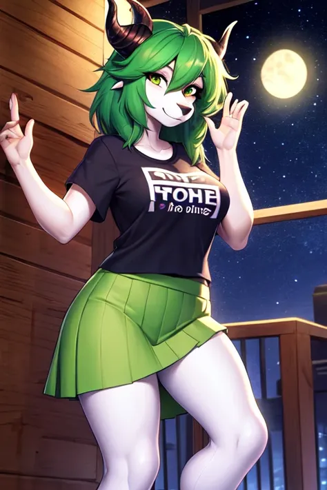 (anthro), masterpiece, (dragon), female, horns, green_hair, green_skirt, white_t_shirt, night stars, smile, looking_at_viewer, detailed shadows