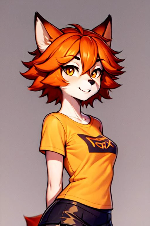 <lora:lxnadia:0.7>, anthro, fox girl, orange short hair, skirt, t-shirt, portrait