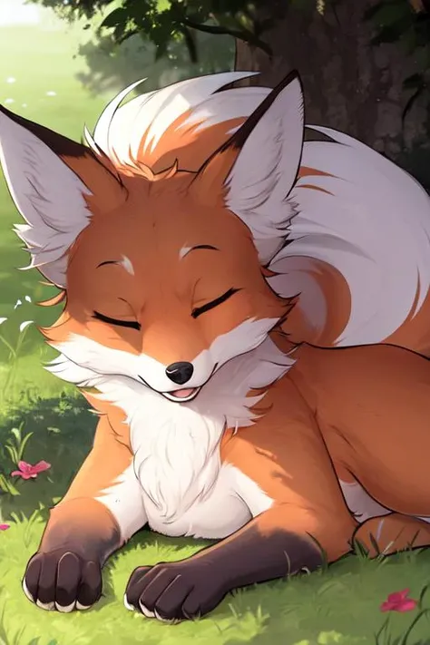 feral, fox, grass, lay, solo, cute, close eyes, , female