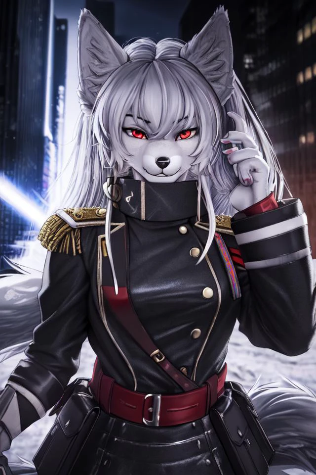 (masterpiece, best quality),altair, furry, furry female, 1girl, red eyes, animal_ears, canid, wolf, green choker, sketch, detailed fur skin, black military dress, <lora:altairV2.5:0.3222>, sharp focus, fluffy, urban background,, uniform, dual tone fur, HDR, NSFW, black animal nose , ull body solo, tail, white hair, wolf_ears , 8k, (ultra realistic photograph, RAW photograph, anthro furry:1.3), furry, furry female, 1girl, red eyes, animal_ears, electricity, glowing, hair_over_one_eye, looking_at_viewer, black and white fur, sword