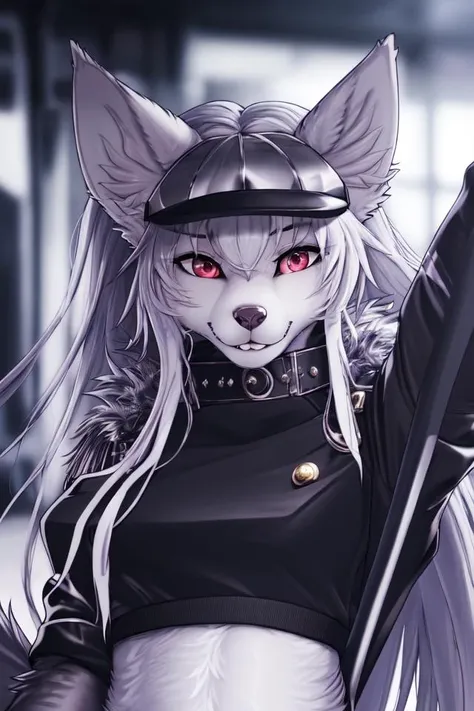 (masterpiece, best quality),altair, furry, furry female, 1girl, red eyes, animal_ears, canid, wolf, green choker, sketch, detailed fur skin, black military dress, <lora:altairV2.5:0.3522>, sharp focus, fluffy, urban background,, uniform, dual tone fur, HDR, NSFW, black animal nose , ull body solo, tail, white hair, wolf_ears , 8k, (ultra realistic photograph, RAW photograph, anthro furry:1.3), furry, furry female, 1girl, red eyes, animal_ears, electricity, glowing, hair_over_one_eye, looking_at_viewer, black and white fur, sword