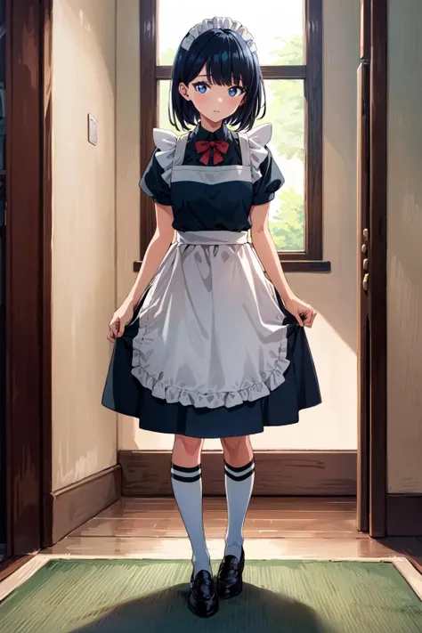 masterpiece, best quality,1girl,highres,rikka,takarada rikka,bangs, <lora:rikka_v4-000010:0.7>,maid apron, maid headdress,full body,