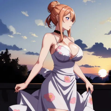 morimoto_reina, blue_eyes, hair_bun, large breasts, pink floral sundress, park, sunset <lora:morimoto_reina_dadapt_v1-000200:0.8>, masterpiece, best quality