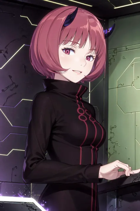 (game cg,best quality,masterpiece:1.3),1girl,<lora:Mira1-000015:0.8>mirawt,horn, black dress,long sleeves, upper body, smile, parted lips, cyber room, monitor,cyber background, looking at viewer,