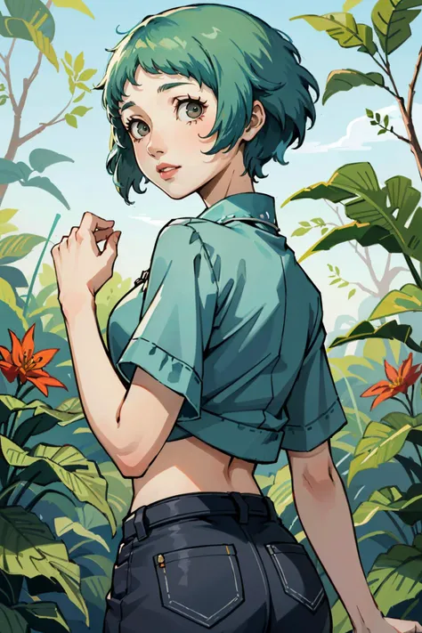 ((masterpiece, best quality))
 <lora:Persona3Fuuka:0.9>
Persona3Fuuka, 1girl, solo, aqua hair, short hair, in a lush jungle with vibrant flowers, from behind, looking back