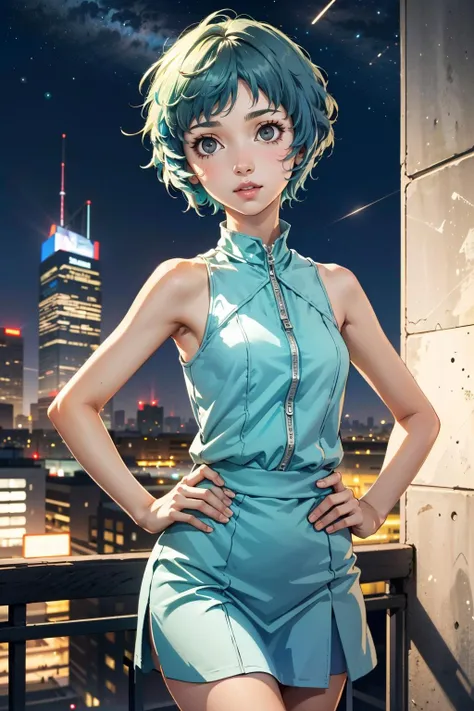 ((masterpiece, best quality))
 <lora:Persona3Fuuka:0.9>
Persona3Fuuka, 1girl, solo, aqua hair, short hair, overlooking a cityscape at night from a skyscraper, short dress, standing with hands on hips