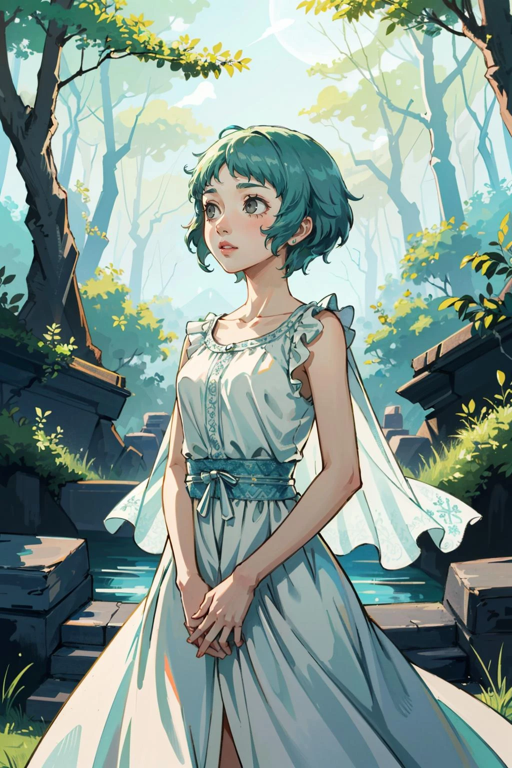 ((masterpiece, best quality))
<lora:Persona3Fuuka:0.9>
Persona3Fuuka, 1girl, solo, aqua hair, short hair, Deep in a mystical forest, surrounded by ancient ruins, wearing an ethereal, flowing gown, with arms folded