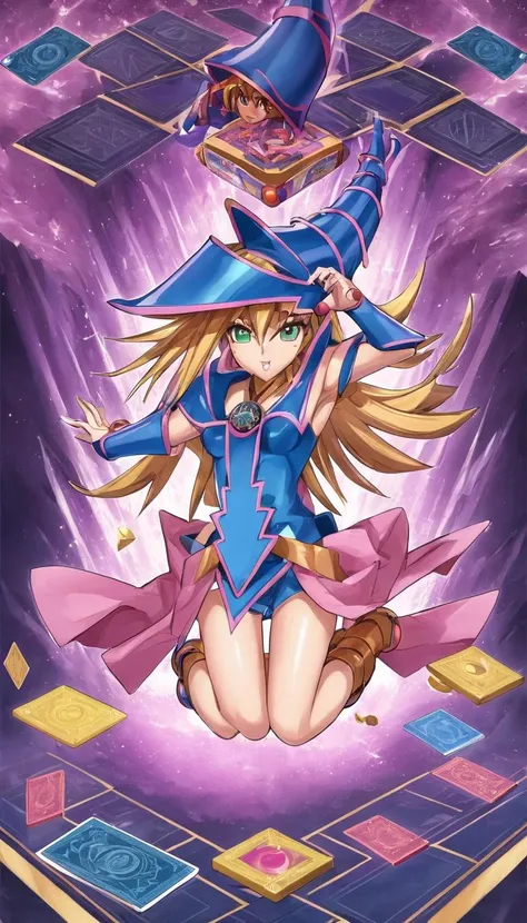 isometric style Cinematic scene, hero view, Dark Magician Girl, Yu-Gi-Oh! <lora:dark_magician_girl_xl_v4:1>, action pose, detailed background, masterpiece, best quality, high quality, highres, absurdres . vibrant, beautiful, crisp, detailed, ultra detailed, intricate