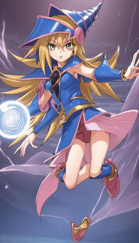 Black Magician Girl、super breasts、thick thighs、blonde hair、magic circle、8K, 4k, highest quality, High resolution: 1.2)、Nipples exposed、cute anime face、Pink blush on cheeks、noise removal、Leotard that bites into、Turning around、full body portrait、T-back that digs into your butt、Glowing green eyes、Laughter、遊戯王