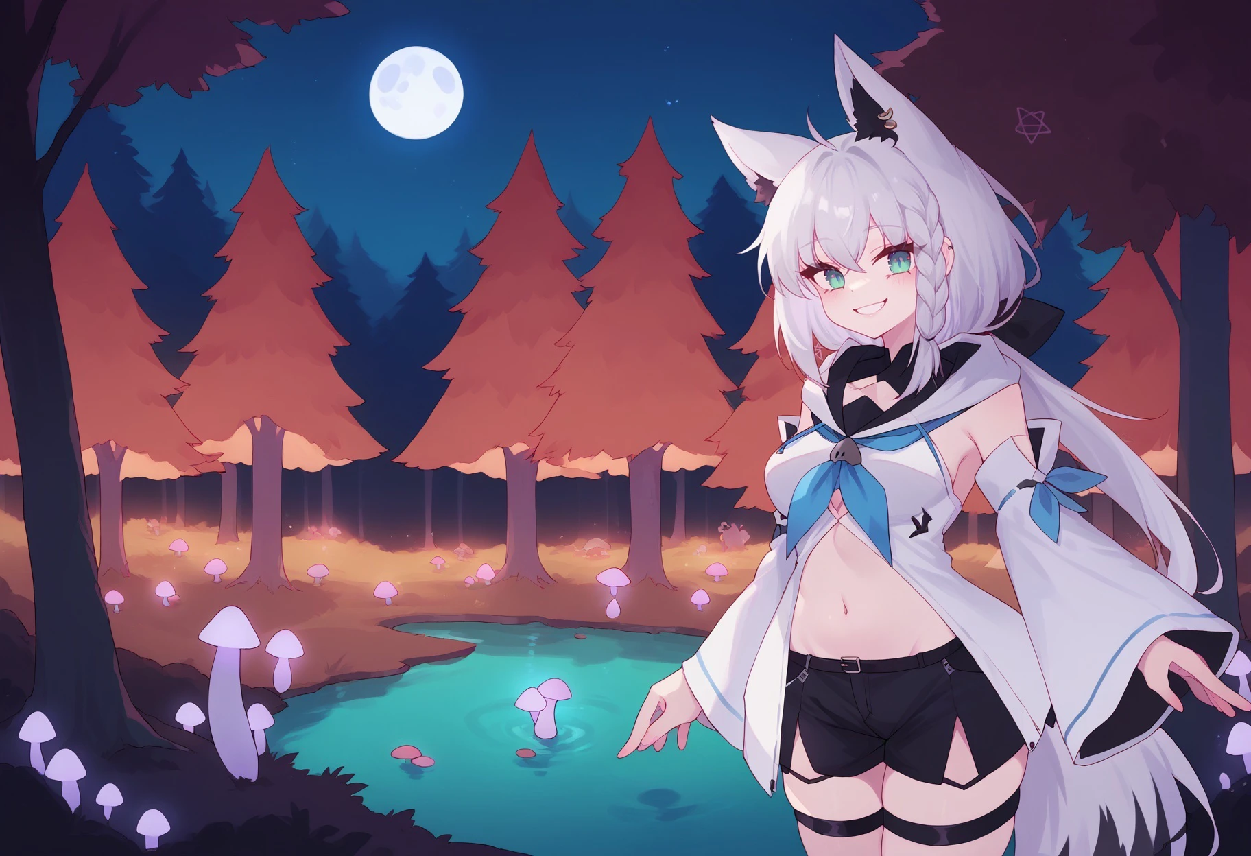score_9, score_8_up, score_7_up, source_anime, moonlight,
BREAK
glowing forest, mushrooms, tree, pond, bioluminescence, night, moon,
BREAK
fubuki, white hair, single side braid, ahoge, piercing, fox tail, pentagram, fubukibase, white blouse, detached sleeves, black shorts, blue neckerchief, thigh strap, single thighhigh, white hair, single side braid, ahoge, piercing, fox tail, pentagram , smiling,
<lora:fubukiXL:0.8> <lora:Eonsang_PDXL-v2:1>