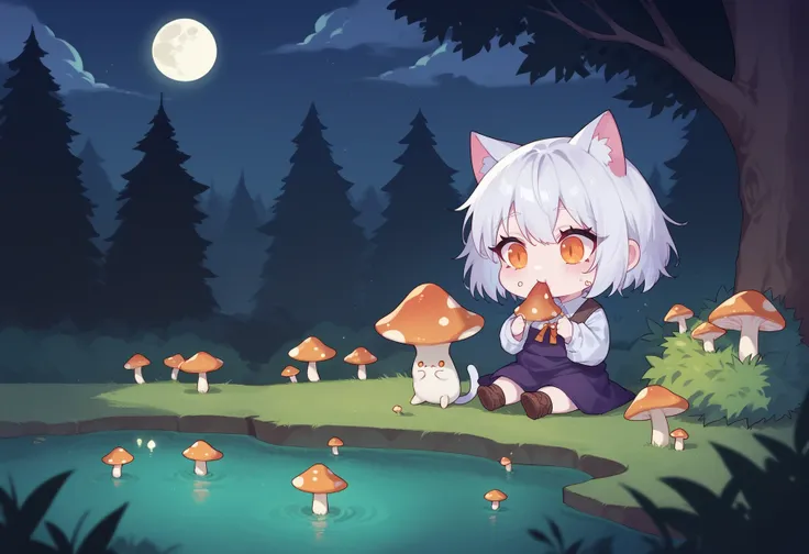 score_9, score_8_up, score_7_up, source_anime, moonlight,night,
BREAK
glowing forest, mushrooms, tree, pond, bioluminescence, moon,
BREAK
chibi, cat ears, white hair, orange eyes, eating mushroom,bush,
<lora:Eonsang_PDXL-v2:0.8>