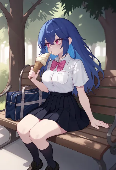 score_9, score_7_up, dutch angle, 1girl, solo, long hair, blue hair, crossed bangs, pink eyes, collared shirt, white shirt, short sleeves, breast pocket, pink bowtie, medium breasts, high-waist skirt, black skirt, pleated skirt, black kneehighs, loafers, sitting, park bench, school bag on bench, holding ice cream cone, eating, park, tree, sunlight, <lora:EonsangStyle-DoRA-v2:1>