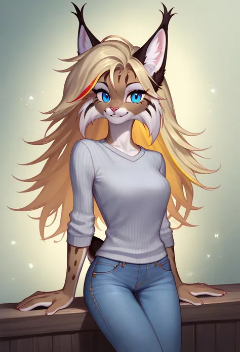 digital_media_(artwork) hi_res, score_9, score_8_up, score_7_up, score_6_up, score_5_up, score_4_up, rating_safe, beautiful, anthro, furry, feline, female, detailed textured fur, fur tufts, fluffy, slim, slender, cute, sweater, baggy denim jeans, beautiful blue eyes, detailed eyes, smile, solo, SFW, lynx, long blonde hair, multicolored hair, streaked hair, absurdres, highres,