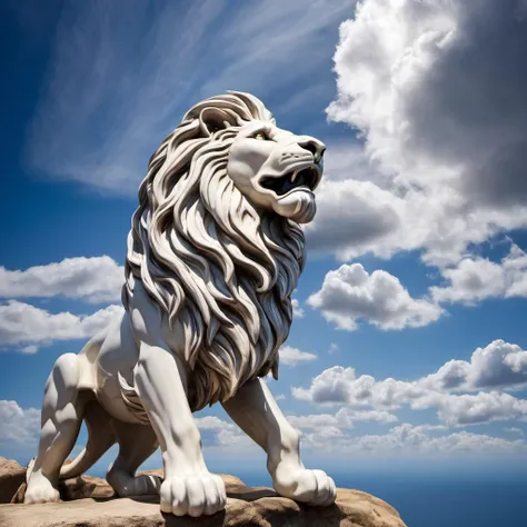 stained glass lion on a cliff, realistic clouds, realistic sky