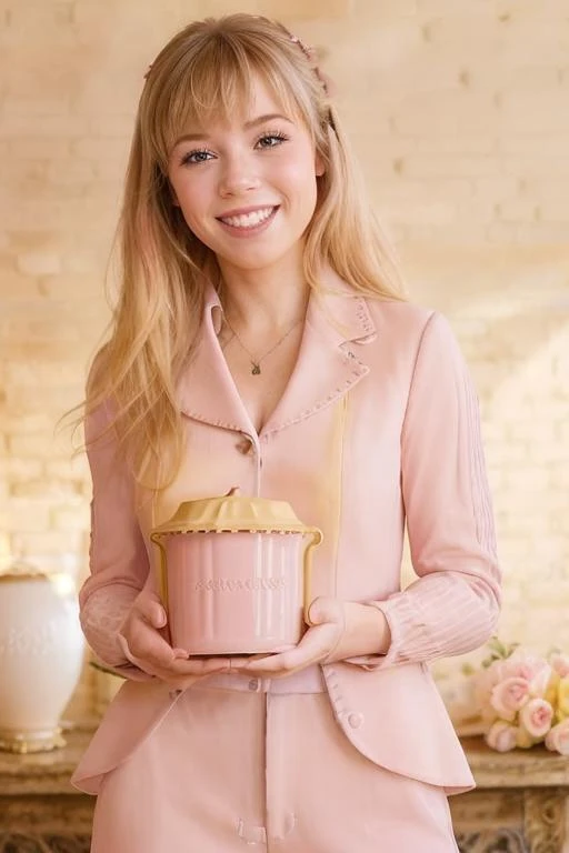 photo realistic, masterpiece, best quality, studio lighting, solo, jmc <lora:jennettemccurdyV01:1>, <lora:polyhedron_skinny_all:.3>, pink suit, holding a ((pink)) (Urn) with ((two hands)) , smiling ,  blonde highlights with bangs , (yellow brick wall )in the  background, looking to the top right off center of the camera