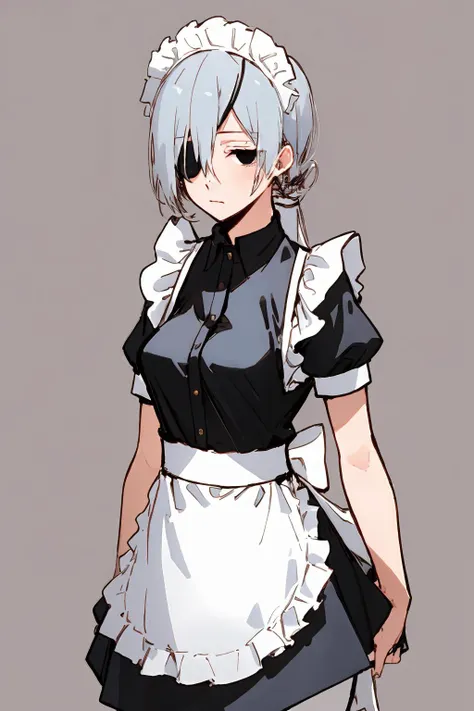 ((masterpiece)), ((best quality)), 1girl, quanxi, black eyes, eyepatch, ponytail, long hair, white hair, medium breasts, maid, maid headdress, maid apron, skirt, simple background, cowboy shot, <lora:csm_quanxi:1>, jitome, empty eyes, expressionless, <lora:jitome:0.8>