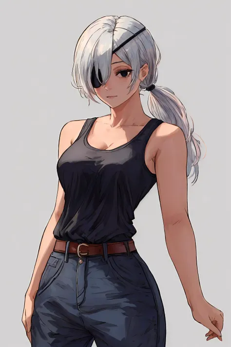 ((masterpiece)), ((best quality)), 1girl, quanxi, black eyes, eyepatch, ponytail, long hair, white hair, medium breasts, black tank top, pants, cowboy shot, simple background, <lora:csm_quanxi:1>