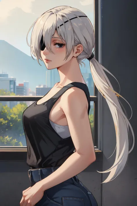 (masterpiece, best quality:1.2), solo, 1girl, quanxi, expressionless, closed mouth, looking at viewer, seiza, ponytail, eyepatch, black tank top, black pants <lora:csm_quanxi:1.0>
