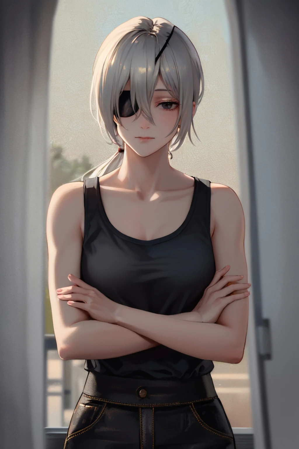 (masterpiece, best quality:1.2), solo, 1girl, quanxi, expressionless, closed mouth, looking at viewer, crossed arms, ponytail, eyepatch, black tank top, black pants <lora:csm_quanxi:1.0>
