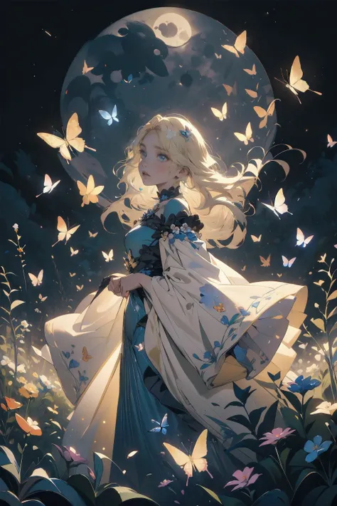 highres, masterpiece, perfect lighting, bloom, cinematic lighting, young adult, female, 1girl, moon light, solo, Banana yellow hair, long hair, nature, (Platinum Blonde dress:1.3), colorful Charcoal flowers, (flowers:1.2), butterfly style, wide sleeves, wide skirt, (Blue butterfly:1.2),
<lora:butterfly:0.75>