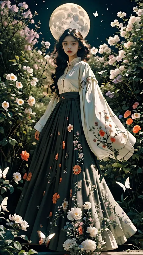 masterpiece,best quality,film lighting,highres,moon light,1girl,solo,black hair,(loog hair:1.2),long hair,sen,nature,dress,plan,colorful flowers,(flowers:1.2),<lora:butterfly:0.75>,colorful butterfly style,<lora:FenW-000012:0.3> <lora:sen:0.4>,(front photo:1.2),wide sleeves,wide skirt,(butterfly:1.2),