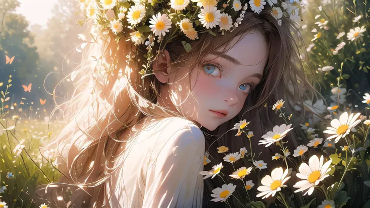 Ultra high details, balanced composition, Raw Photograph, Real, realistic,
<lora:butterfly:0.7>, flowers, a beautiful young European faerie, long flowing hair, butterfly style, butterflies, soft morning light, surrounded by daisies, look at viewer, ultra detailed, <lora:more_details:1>, perfect hazel eyes, detailed eyes,