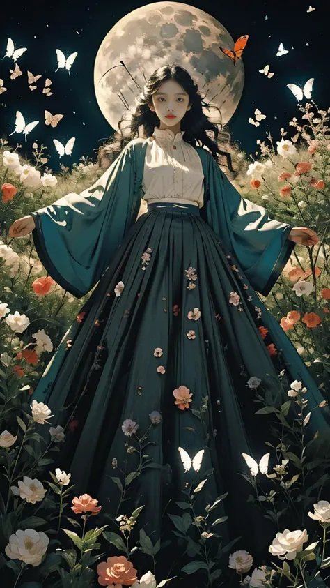 masterpiece,best quality,film lighting,highres,moon light,1girl,solo,black hair,(loog hair:1.2),long hair,sen,nature,dress,plan,colorful flowers,(flowers:1.2),<lora:butterfly:0.75>,butterfly style,<lora:FenW-000012:0.3> <lora:sen:0.4>,(front photo:1.2),wide sleeves,wide skirt,(butterfly:1.2),