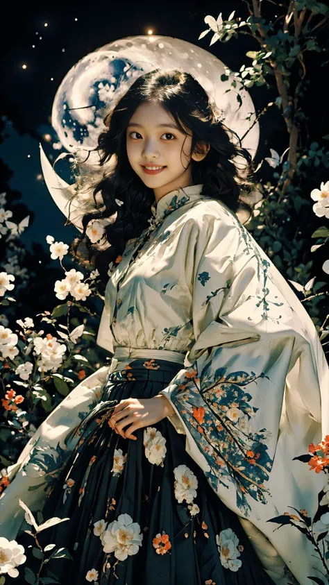 masterpiece,best quality,film lighting,highres,moon light,1girl,solo,black hair,(loog hair:1.2),long hair,sen,nature,dress,plan,colorful flowers,<lora:butterfly:0.8>,butterfly style,<lora:FenW-000012:0.3> <lora:sen:0.4>,<lora:BeautyNwsjMajic2:0.8>,(front photo:1.2),smile,wide sleeves,wide skirt,