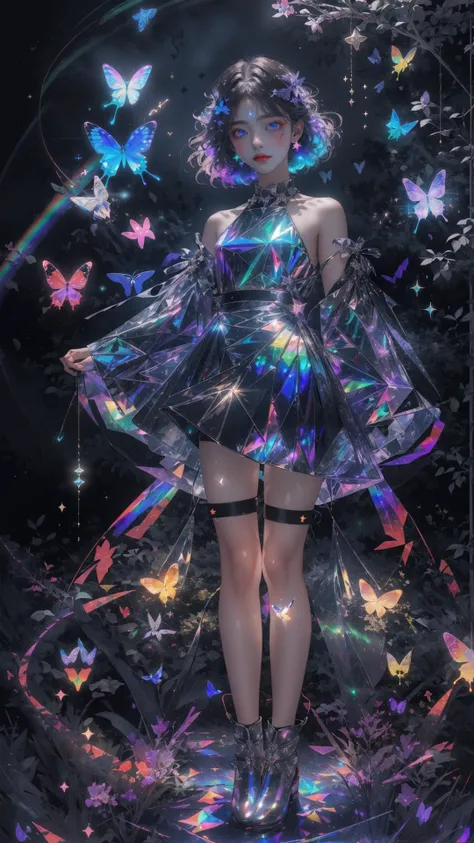 masterpiece, best quality,highres, 1girl, look_at_viewer, tall, perfect stature, liuli,<lora:liuli:0.6>,bangs, chromatic dispersion, tansparent_plastic, Polychromatic prism effect, iridescence/opalescence, glowing colors, aluminum foil, Glowing ambiance,, moonlight, stars in the eyes, <lora:butterfly:0.5>, butterfly style
