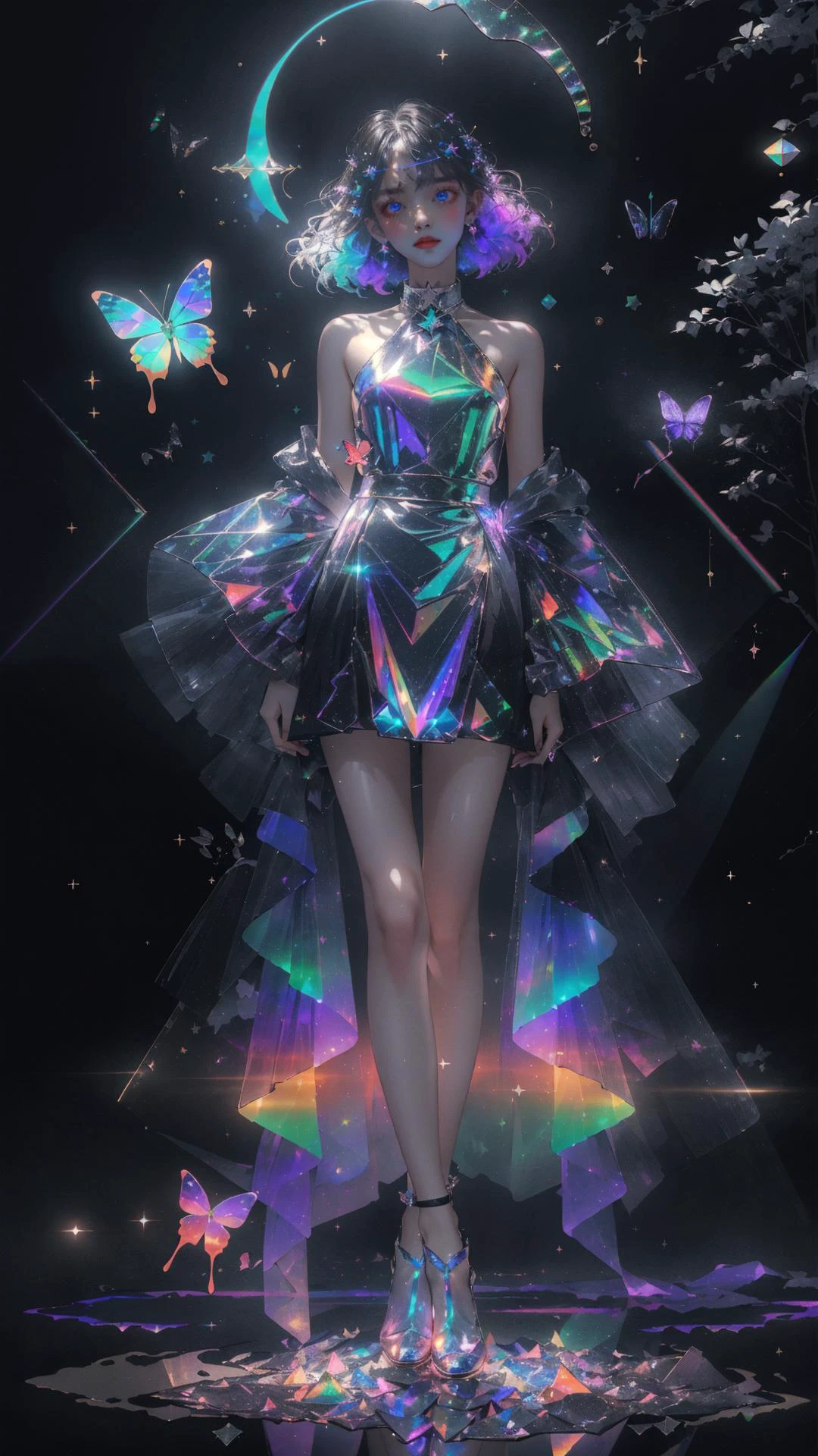 masterpiece, best quality,highres, 1girl, look_at_viewer, tall, perfect stature, liuli,<lora:liuli:0.6>,bangs, chromatic dispersion, tansparent_plastic, Polychromatic prism effect, iridescence/opalescence, glowing colors, aluminum foil, Glowing ambiance,, moonlight,  stars in the eyes, <lora:butterfly:0.5>, butterfly style