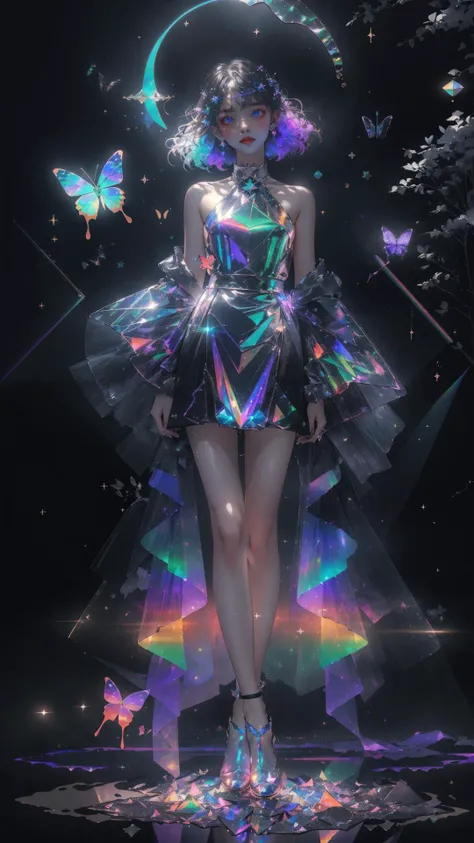 masterpiece, best quality,highres, 1girl, look_at_viewer, tall, perfect stature, liuli,<lora:liuli:0.6>,bangs, chromatic dispersion, tansparent_plastic, Polychromatic prism effect, iridescence/opalescence, glowing colors, aluminum foil, Glowing ambiance,, moonlight, stars in the eyes, <lora:butterfly:0.5>, butterfly style