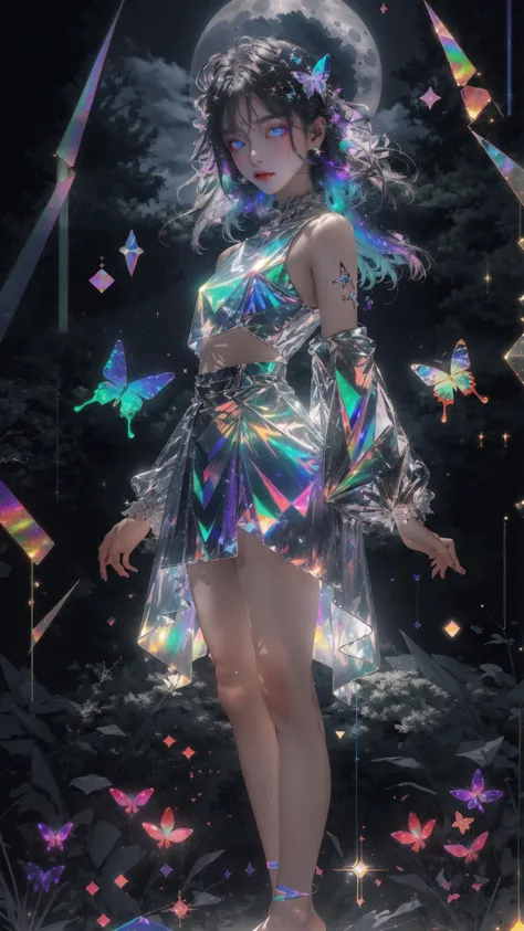 masterpiece, best quality,highres, 1girl, look_at_viewer, tall, perfect stature, liuli,<lora:liuli:0.6>,bangs, chromatic dispersion, tansparent_plastic, Polychromatic prism effect, iridescence/opalescence, glowing colors, aluminum foil, Glowing ambiance,, moonlight,  stars in the eyes, <lora:butterfly:0.5>, butterfly style